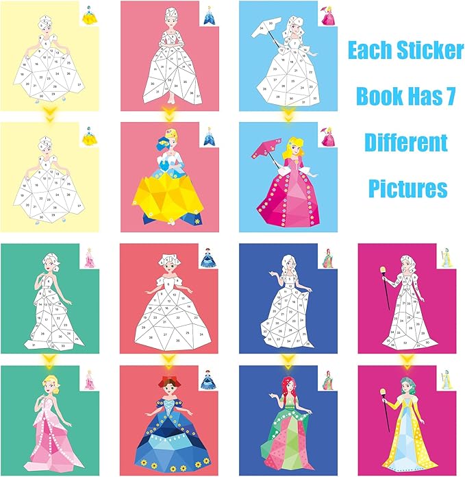2 Pack Paint by Sticker Kids Crafts for Kids Ages 4-8 Sticker by Number for Boys and Girls Birthday Gifts Party Favor, Travel Activity Book Set for Learning (Princess+Mermaid)