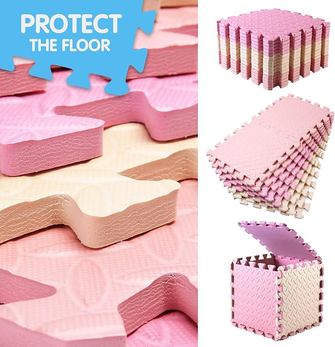 16 Tiles Foam Play Mat for Baby, Soft & Safe EVA Foam Mats for Floor, Square Baby Play Mat, Solid Colored Kids Foam Puzzle Floor Mat, 47x47 Play Mat for Playpen(Beige/Pink/Loli Pink)
