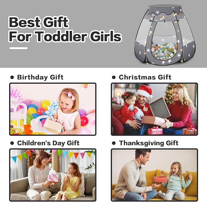 Baby Ball Pit for Toddler: with Star Lights - Pop Up Princess Play Tent for Kids - Indoor Outdoor Baby Girl Toys Birthday Gifts - NO Balls (Black Tent)