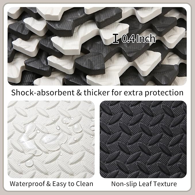Foam Play Mat, 0.4 Inch EVA Soft Non-Toxic Baby Playmat, Interlocking Floor Mats, Solid Colored Foam Puzzled Floor Mats, Baby Play Mat Exercise Mats, 16 Tiles(White/Black)