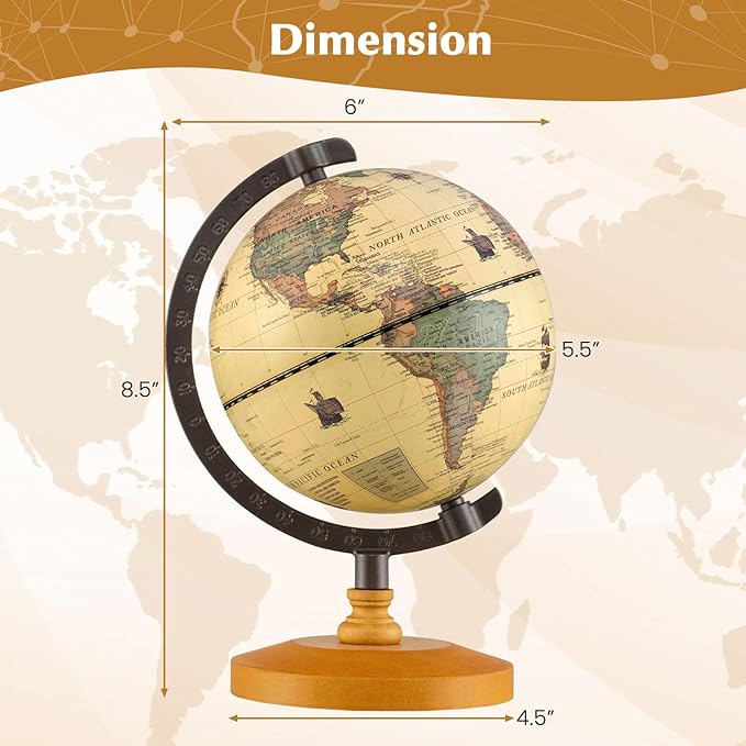 COSTWAY Antique Globe Dia 5.5-Inch, Mini Rotating World Globe w/Wooden Base, Modern Map & Vintage Color, For Kids & Adults' Geography Educational Learning, Desktop Decoration for Home Office School