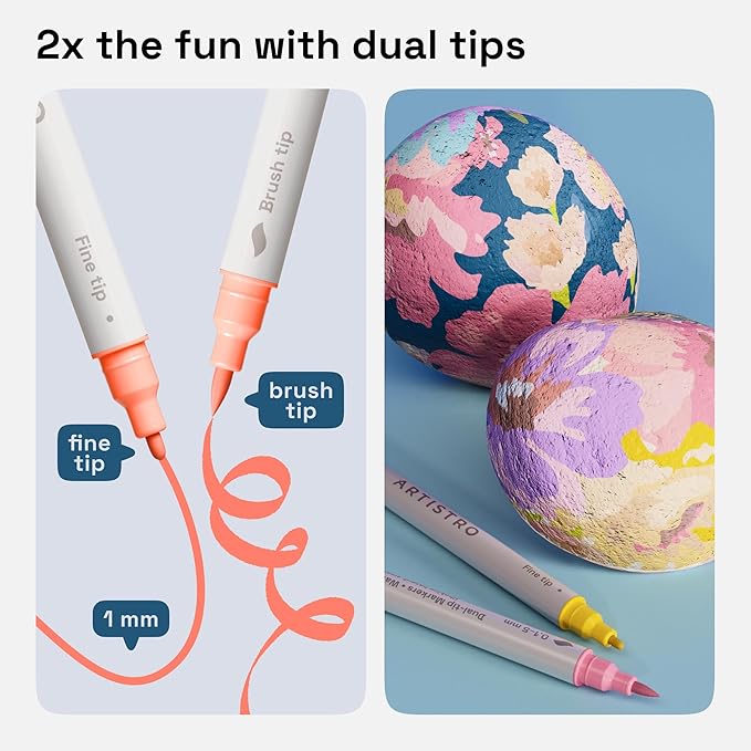 ARTISTRO 24 Pastel Dual Tip Brush + Fine Acrylic Paint Pens Ideal for Calligraphy - Paint Markers for Fabric, Rock, Glass, DIY - Stocking Stuffers, Christmas Gift Idea for Teens, Grandkids, Kids