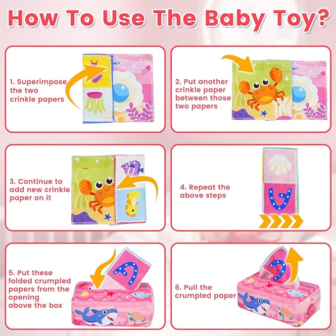 Aiduy Baby Tissue Box Toy - Baby Girl Toys Montessori Toys for Babies 6-12 Months - Soft Stuffed High Contrast Crinkle Infant Sensory Toy 6 7 8 9 10 11 12 Months Old Gifts Pink