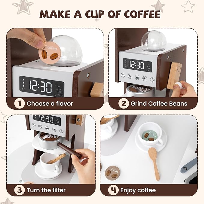 HONEY JOY Corner Play Kitchen, Toddler Wooden Toy Kitchen Set w/Lights, Coffee Maker, Microwave, Sink, Faucet, Little Chef Pretend Play Kids Kitchen Playset for Boys Girls (Coffee)