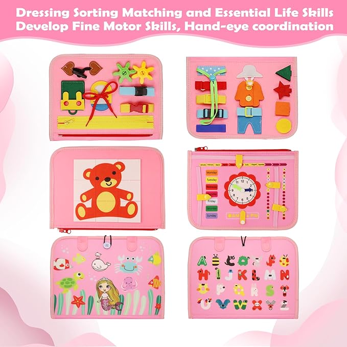 MAJAVI Busy Board Montessori Toys for 1 2 3 4 Year Old, Busy Book for Toddlers 1-3 Boys Girls Birthday Gifts, Sensory Educational Activities Travel Toys for Learning Fine Motor Skills, Pink-3 Pages