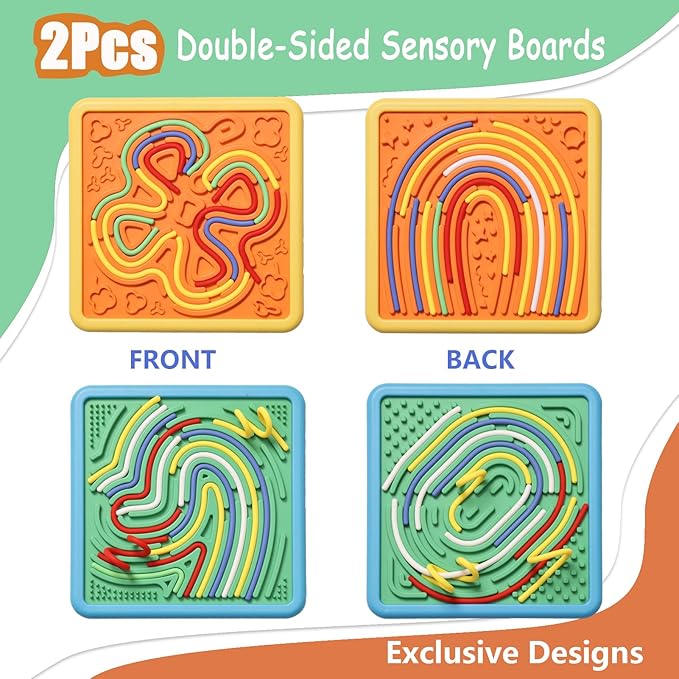 Sensory Activity Board for Kids & Adults:Double-Sided Stress Relif Sensory Board Toys with 40 Strings & Storage Bag | Quiet Fidget Board for ADHD & Autism Boys Girls Ages 3 4 5 6 7 8 9 10（2PCS