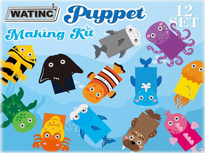 WATINC 12Pcs Hand Puppet Making Kit, Art Craft Felt Sock Puppet Toys, Creative DIY Make Your Own Pompoms Wiggle Googly Eyes Storytelling Role Play Party Supplies Gift for Girls Boys (Ocean Animals)
