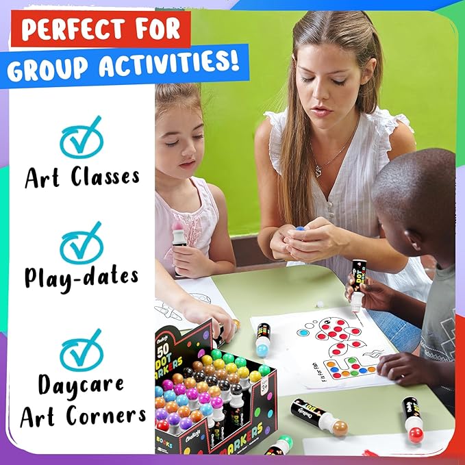 Chalkola 50 Dot Markers Bulk Classroom Pack (10 Colors W/Gold, 5 Activity Books) | Washable Bingo Daubers for Kids Toddlers Ages 1 2 3 4 5 - Art & Craft School Supplies for Preschool, Kindergarten