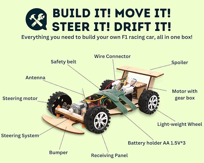 Wooden Wireless Remote Control F1 Racing Car Science Kit to Build (Green), STEM Project for Kids Aged 8 9 10 11 12 13, Science Building Kit Gift for Boys and Girls
