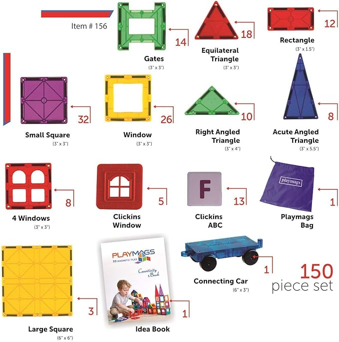 Playmags 150-Piece Magnetic Tiles Building Set – 3D Magnet Building Blocks, Creative Imagination, Inspirational, Educational STEM Toys for Kids with 1 Car