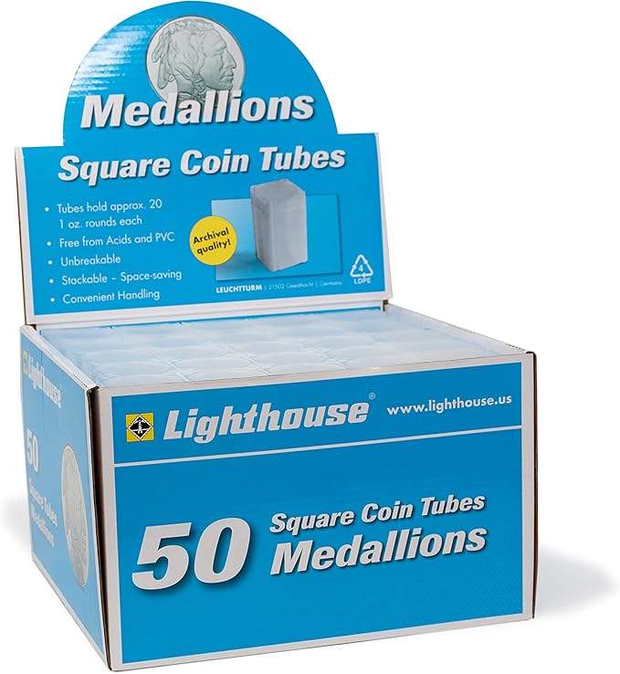 LIGHTHOUSE - Square Coin Tubes - Convenient Push Top, Virtually Unbreakable, Acid Free and Archival Quality - Coin Tubes for US Medallions, 50 Pack