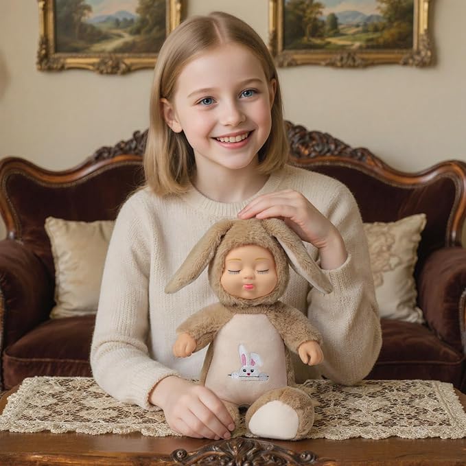 Plush Animal Toys,Interactive Singing Plush Rabbit Doll,14in soft plush closed eye sleeping newborn baby doll,with interactive music box that sings,removable hat.suitable for children aged 3+.