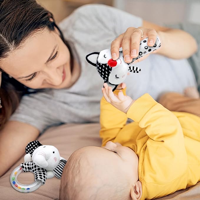 Baby Rattles 0-6 Months Newborn Toys Infant Toys 0-3 Months Rattles for Babies 0-6 Months Baby Toys 0-6 Months, Black and White High Contrast Plush Stuffed Baby Toys for 0 3 6 9 12 Months Girls Boys