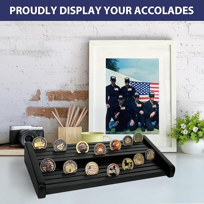 Challenge Coin Display Holder, 8 Rows Solid Wood Military Coin Stand Holds 60-70 Coins, Army Coin Display Rack for Desk (Black Finish)