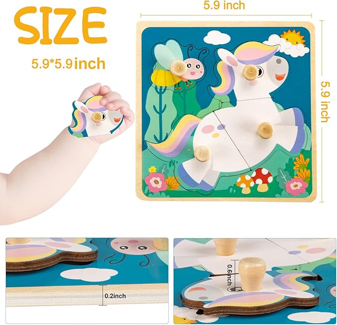Eco Friendly Animal Puzzles, 4 Pcs Jigsaw with Handles, Infant Kid Montessori Puzzles for 1-3 Years Old