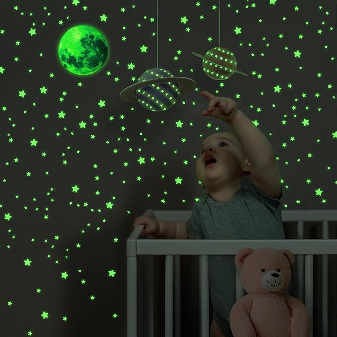 Glow in The Dark Star Stickers 334PCS Wall Stickers Luminous Glow Stars for Ceiling Stars Moon Decor,Bright and Lasting for Kids Bedroom Decals Party and Birthday Decoration,Green