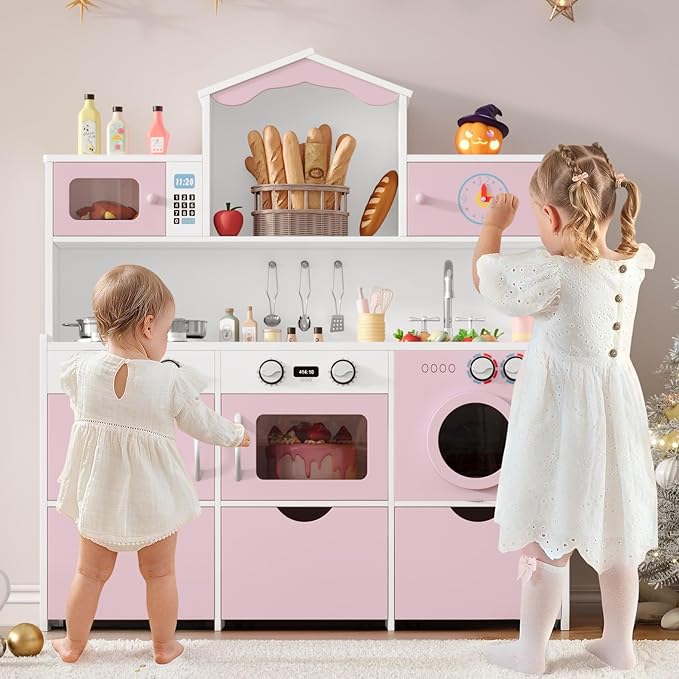 Keyluv Wooden Play Kitchen for Kids and Toddler, Montessori Toy Kitchen Playset with Plenty of Pretend Play Features and Storage Drawers, Gift for Boys and Girls, Pink