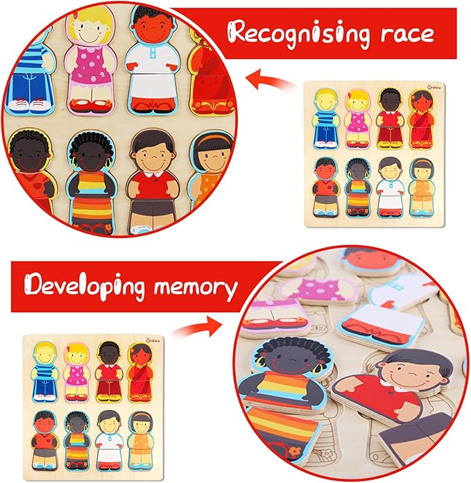 Wooden Puzzle for Toddlers 1-3, Children of The World Racial Cognition Dress-up Peg Puzzle Educational Toys, 24 Pieces Mix and Match Boys and Girls Multicultural Diversity Toys for Kids