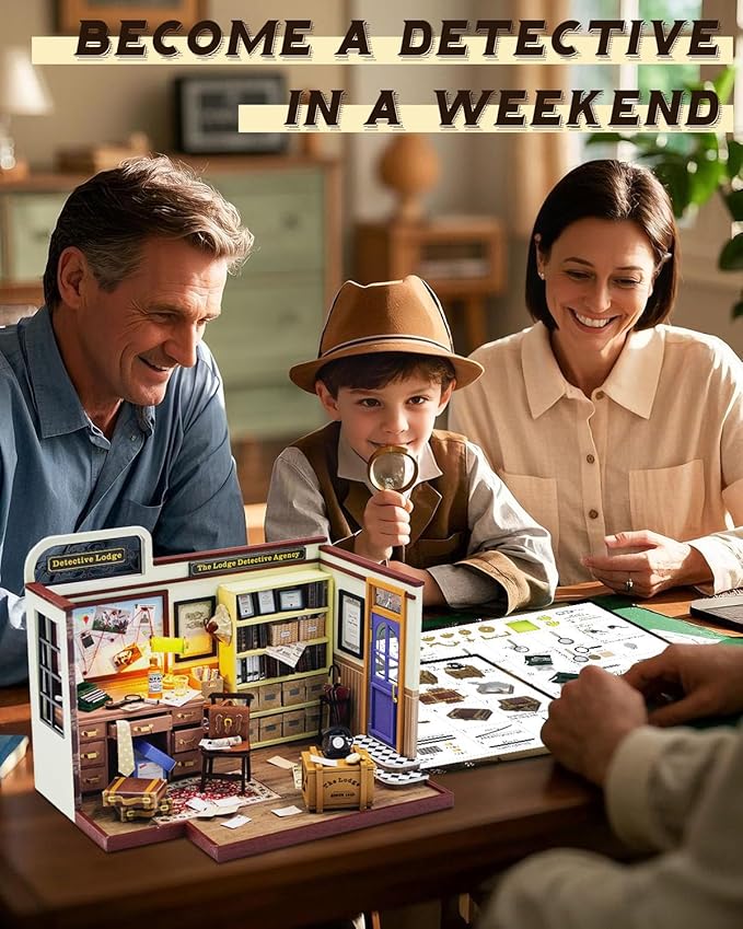 Miniature House Kit Detective Lodge, Tiny House with Furniture & LED Lights, Miniature Dollhouse Kit for Adults & Teens, Wooden Craft Gift & Hobby for Family Friends