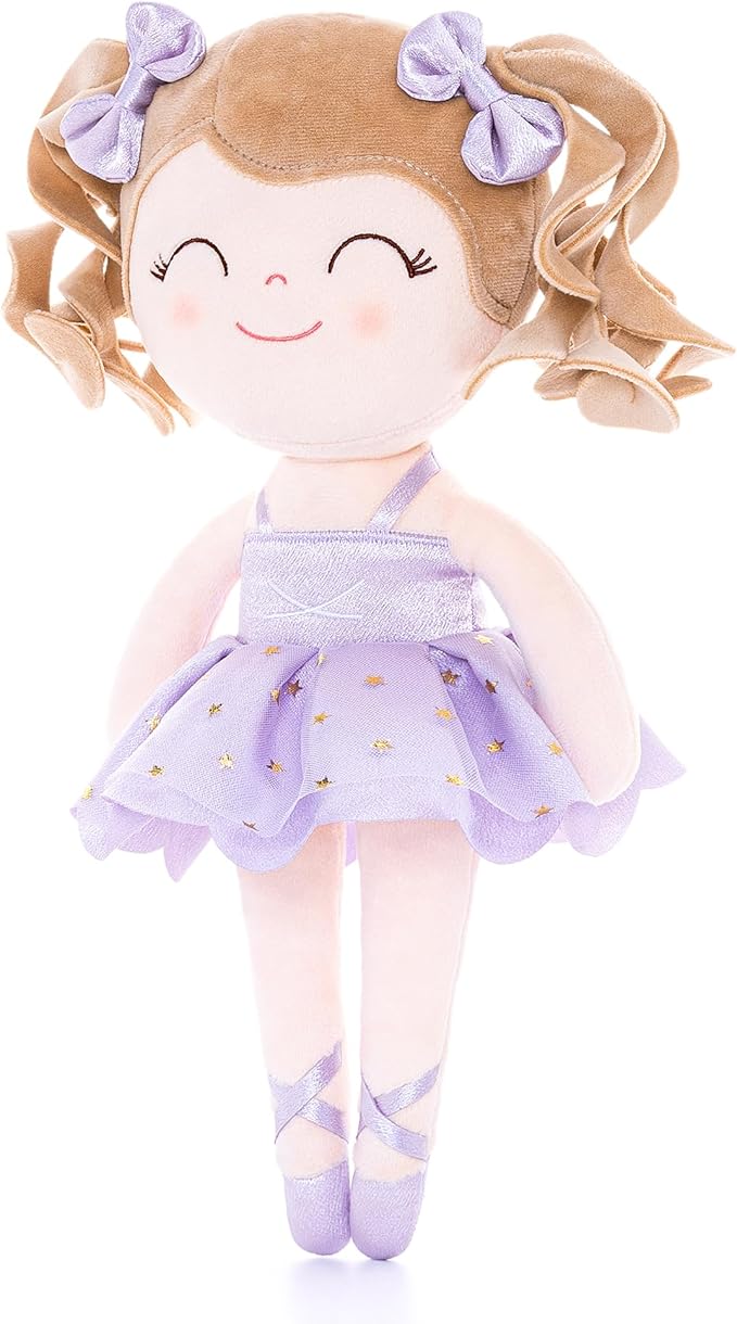 Gloveleya Baby Dolls Soft Snuggly Curly Hair Ballerina Doll First Baby Girl Gifts Plush Ballet Doll with Lace Mesh Dress Purple 14inches Ballerina Series