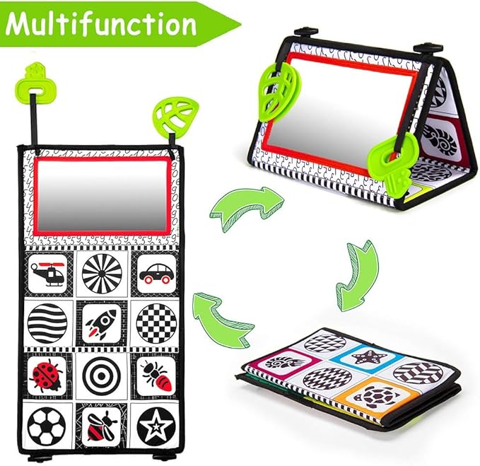 teytoy Tummy Time Baby Mirror Toys with Teethers, Double Black and White High Contrast Baby Toys 0-6 Months, Foldable Floor Sensory Development Toys for Infants Newborn