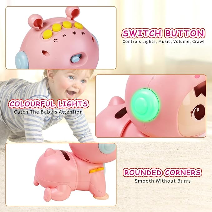Crawling Baby Toys, Fun Tummy Time Toys for Toddler with Music and Light, Interactive Walking Moving Sensory Toys for Infant Baby Girls Boys, Age 12 to 18 Months