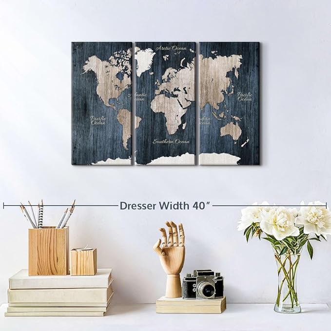 ElephantStock Aged Blue World Map I Canvas - 3 Panel Wall Decor - World Map Digital Art - Blue Wall Art - 23" X 14"