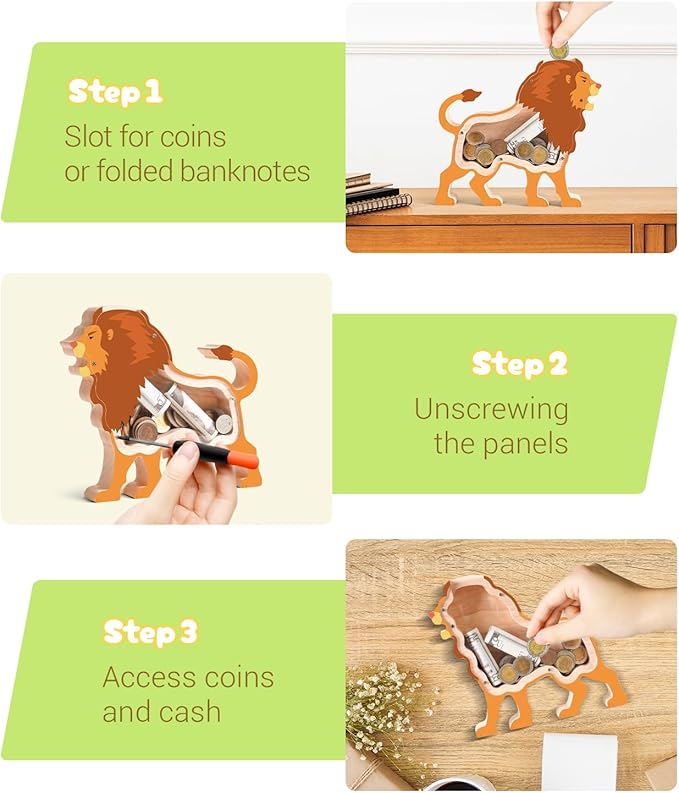 Wooden Lion Piggy Bank for Kids, Lion Piggy Bank with Acrylic Panels, Unbreakable Toddler Money Box for Boys Girls, Cute Kids Saving Coin Jar for Home Décor, Birthday