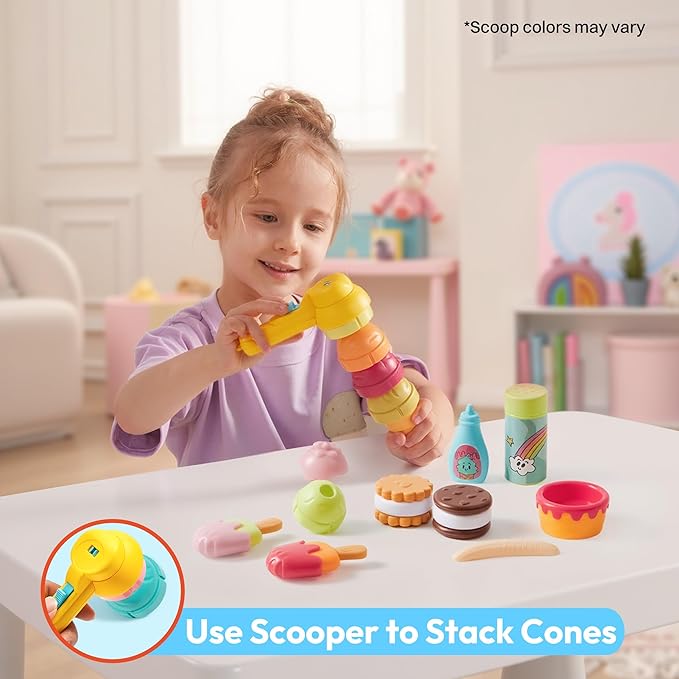 Ice Cream Play Food Pretend Toy for Role Play, Play Kitchen Accessories, Christmas Preschool Gifts for Girls Boys Kids Toddlers 3+