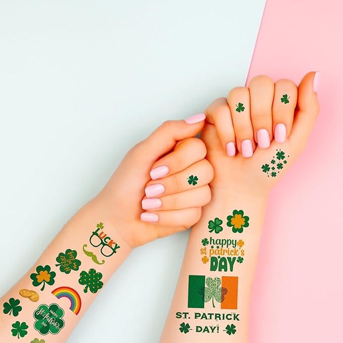 23 Sheets Large Glitter St. Patrick's Day Tattoos Accessories, 100+ Pcs Glitter Lucky Clover Shamrock Temporary Tattoos, Glitter Body Jewelry Irish Parade Party Favors Decorations