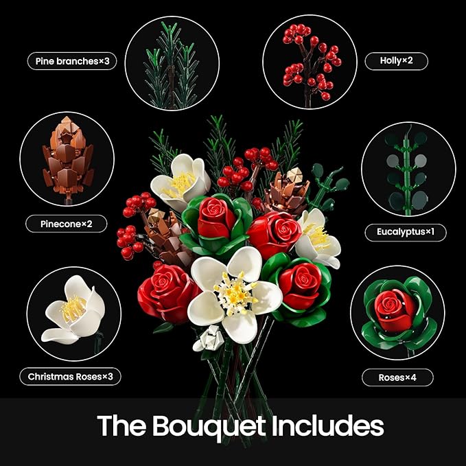 iATOM Christmas Rose Bouquet Building Set, Artificial Flowers Botanical Collection for Adults - Gift for Christmas & Valentines Day - Home Office Table Centerpiece Decor - 11012