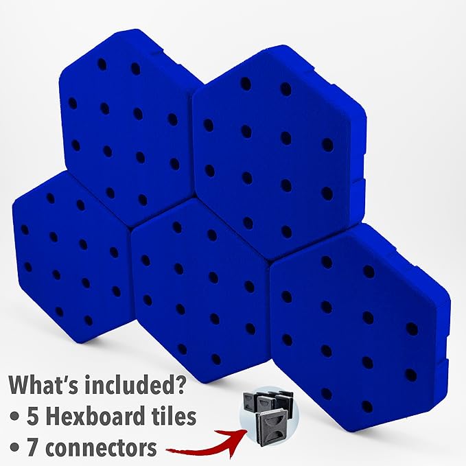 Hexagon Pegboard Tiles, 4.5"x4" each, 5-Pack, Normal-Sized Holes, Make Custom Designs, Easiest to Mount, Expand Existing Pegboard or Fill In Unused Space, Hexboard (True Blue, 4 Inch)