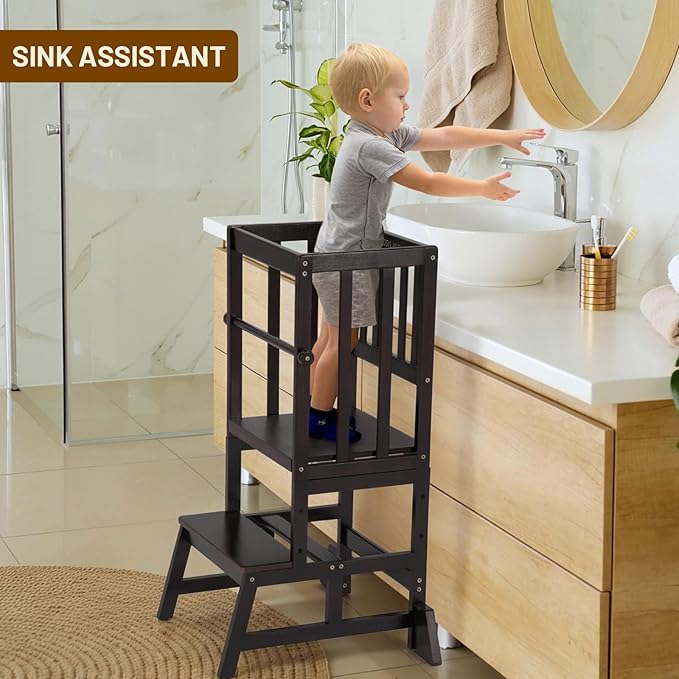 COSYLAND Toddler Standing Tower - Adjustable Height Toddler Kitchen Stool Helper - Kids Kitchen Step Stool for Learning with Removable Safety Railing Black Walnut Color
