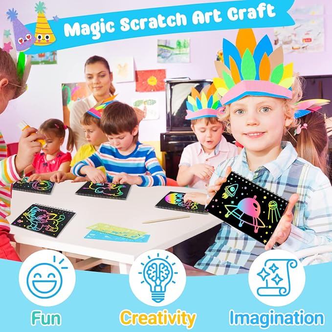 ZMLM Scratch Art Party Favors: 4 Pcs Birthday Gifts Goodie Bags Stuffers Rainbow Scratch Paper Craft Notebooks for Kids 4-8 Classroom Prize Students End School Supplies Toy Girls Boys Return Gift