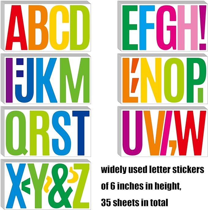Bemeol 190 Pcs 35 Sheets Bulletin Board Letters for Classroom Large 6 Inch Alphabet Letter Stickers Self Adhesive Letters for Bulletin Board Display Home School(Colorful)