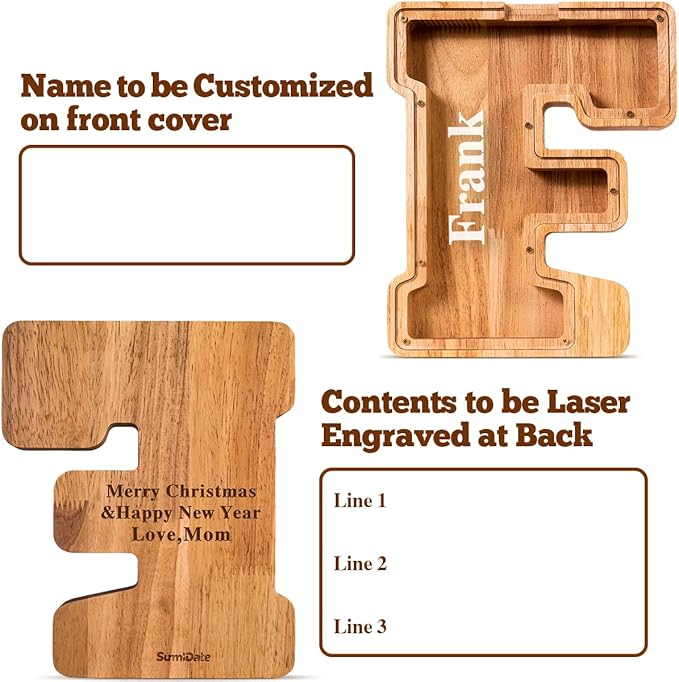 Summidate Customized Name Large Wooden Piggy Bank for Kids Boys Girls Alphabets Letter A-Z Coins Bills Money Change Bank Box Initial on Clear Cover (Laser Engraved) (Alphabet-F, Personalized-9")