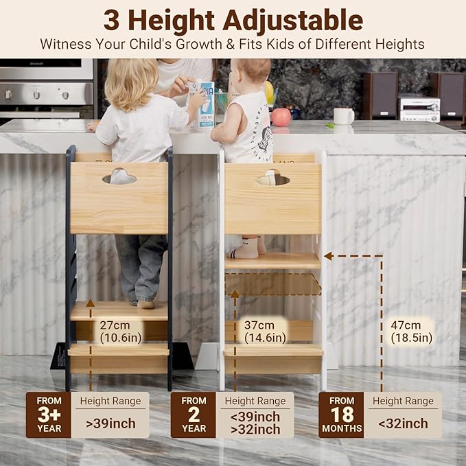 COSYLAND Toddler Standing Tower Adjustable Height - Super Stable Kids Kitchen Stool Helper - 3 Levels Adjustable Wooden Toddler Kitchen Stool (Natural & Dark Gray)