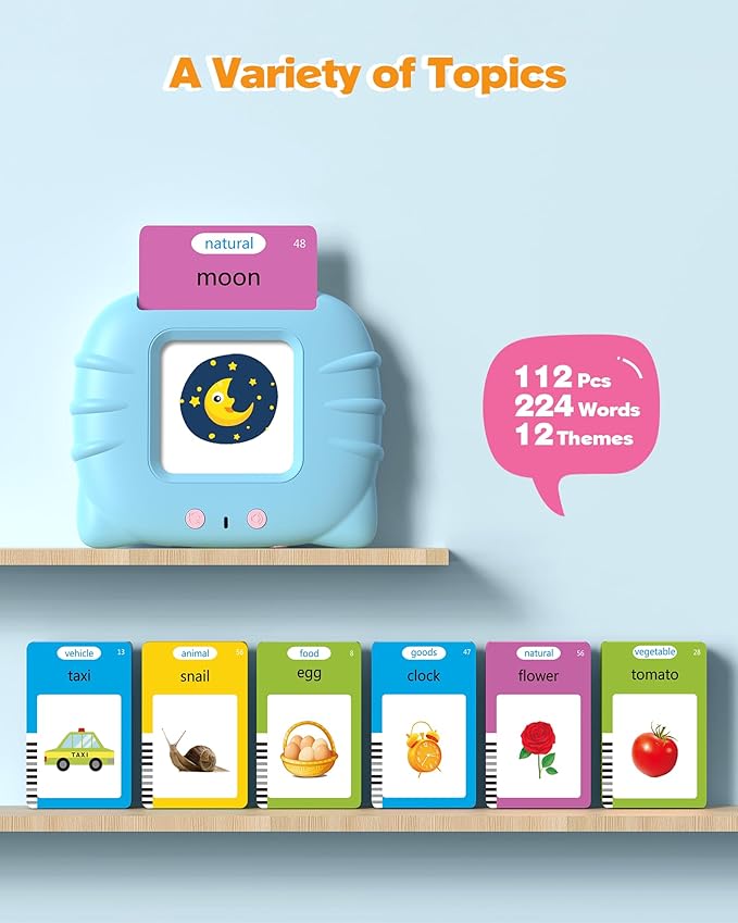 Talking Flash Cards for Toddlers 1 2 3 4 Year Olds, Montessori Language Learning with 224 Words, Pocket Speech Therapy and Autism Playthings, Children's Sensory Educational Device