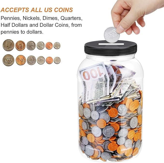 Large Clear Coin Bank Jar with Slotted Lid, One Gallon Plastic Money Tip Change Savings Jar for Coin or Raffle Ticket, Big Clear Money Tip Piggy Change Bank Box for Adults Teens