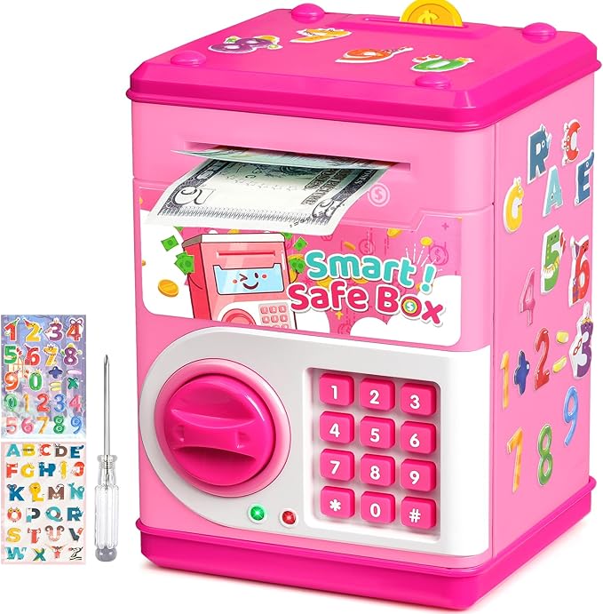 ATM Piggy Bank for Boys Girls, Vcertcpl Mini ATM Coin Bank Money Saving Box with Password Code, Kids Safe Money Jar for Real Money with Auto Grab Bill Slot, Great Gift Toy Bank for Kids (Pink)
