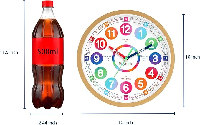 Wall Clock for Kids Learning - Teaching Time Wall Clocks Battery Operated Silent Non Ticking - Analog Colorful Clock Decorative for Kids Room Classroom School(10 Inch)