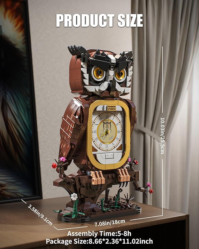Owl Clock Building Blocks Set, STEM Building Toys with Functional Clock, Collectible Bird Display Model for Home Decor, Creative Gift for Adults & Boys 8-14 (964Pcs)