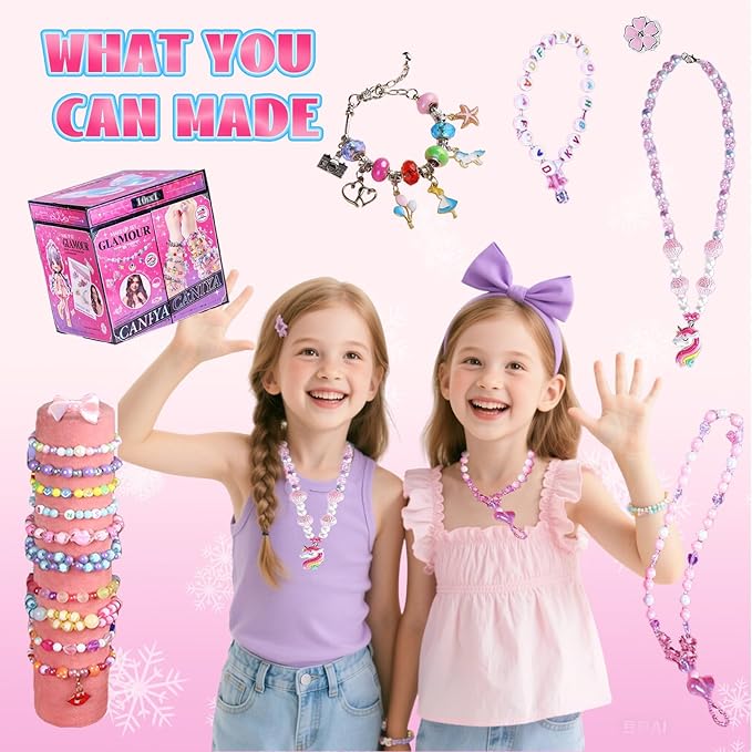 Tuehakny 10-in-1 Jewelry Craft Kit for Girls Ages 4-12, 3000+ Non-Toxic Beads, Charms & Elastic String with Layered Storage Box, DIY Bracelet Necklace Maker Kit, Birthday Christmas Gifts for Kids