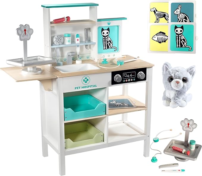 Vet Center Pretend Pet Hospital Playset- Wooden Animal Interactive Medical Checkup Set with Toy Cat, X-Ray Cards Stethoscope & Veterinarian Medical Accessories, Fun Doctor Role Play Xmas Gift for Kids