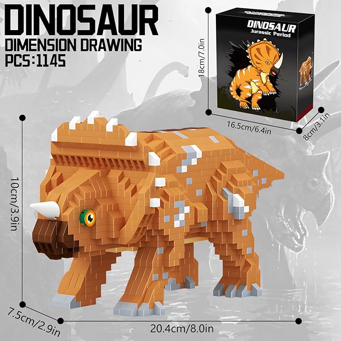 Dinosaur Triceratops Building Blocks Model Decor Micro Mini Blocks Toy Birthday for Age 6+ Children Adults Teens 1145 Pieces