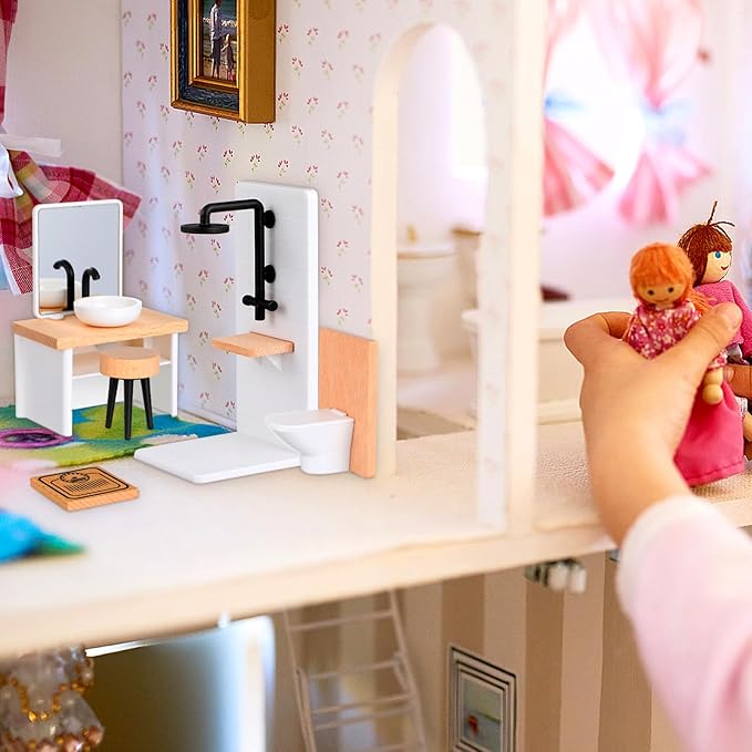 NUOBESTY Dollhouse Bathroom Set, 1 12 Scale Dollhouse Furniture 8pcs Miniature Doll House Bathroom Accessories with Mini Bathtub, Toilet, Shower Room for Doll House Decor Accessories