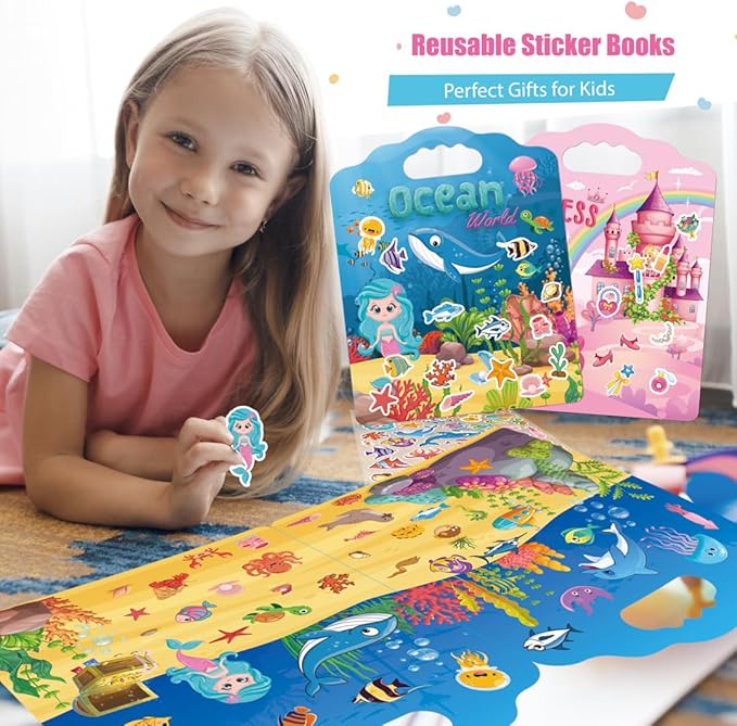 2 Set Reusable Sticker Books for Toddlers 2-4 Years, Puffy Reusable Sticker Activity Book for Kids Toddlers 1-3 Girls Boys Birthday Gifts Include Princess&Ocean