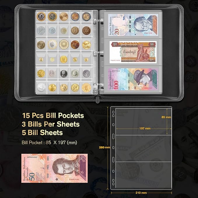 Coin Collection Book Holder - 400 Coins Pockets+15 Bills Pockets, Coin Display Organizer Storage Album for 20/25/ 27/30/38mm Coin