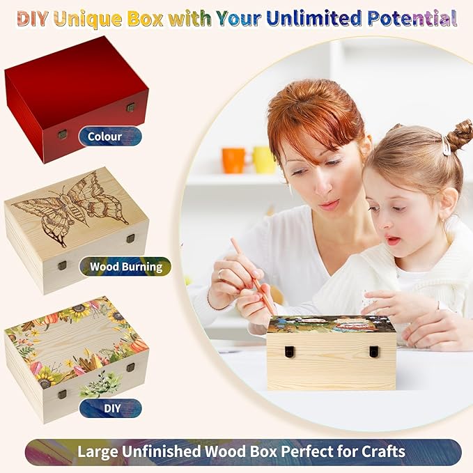Large Wooden Box 14'' x 10.4'' x 6.5'' Unfinished Wood Box with Hinged Lid Wooden Boxes for Crafts,Storage,DIY, Large Keepsake Wood Unfinished Pine Box for Paint,Wood Burning