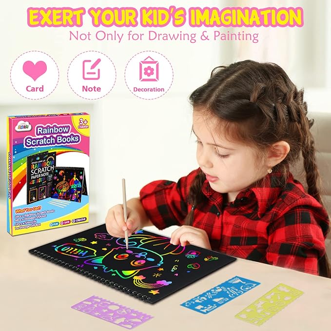 ZMLM Scratch Paper Art-Crafts Gift: 2 Pack Rainbow Notebooks Supplies Toys Easter Basket Stuffers for 3 4 5 6 7 8 9 10 Years Old Girls and Boys Kids Birthday Party Games (Yellow)